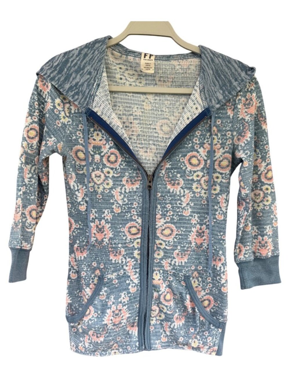 Free People Hoodie Women Medium Blue Floral Medallion Thermal Zip Up Jacket